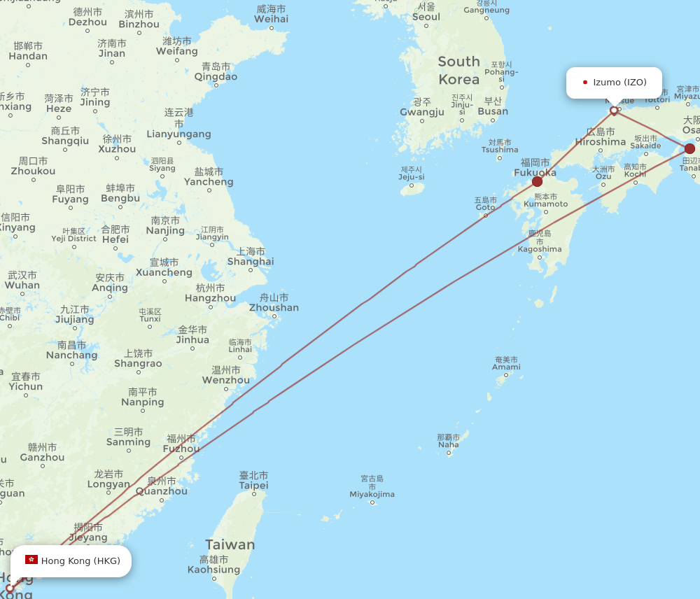 HKG to IZO flights and routes map