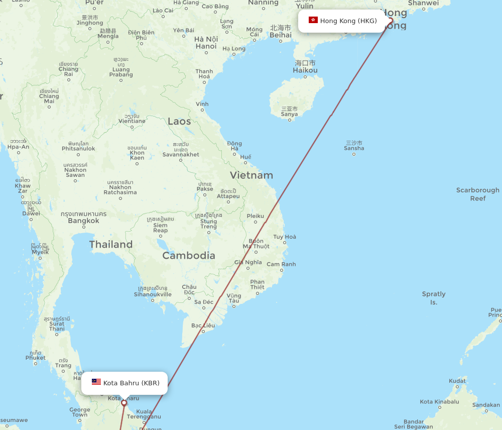 HKG to KBR flights and routes map