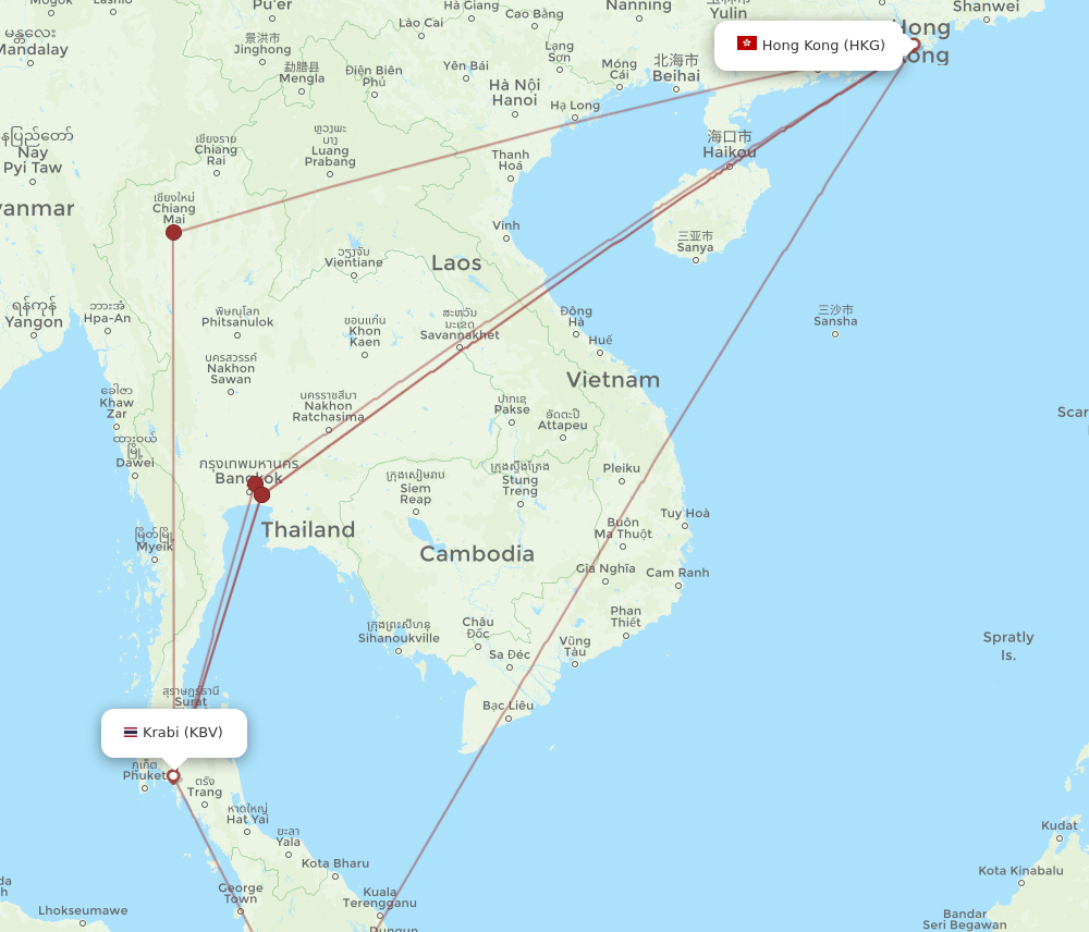Hong Kong - Krabi route map and flight paths