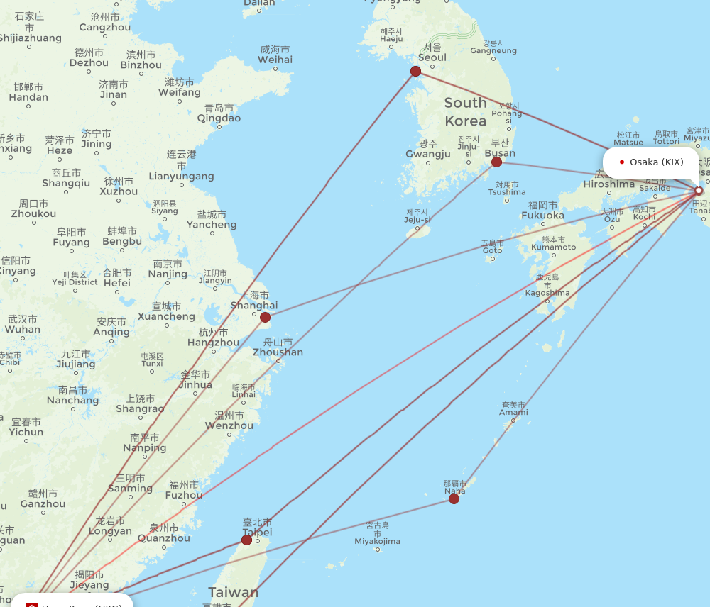 HKG to KIX flights and routes map