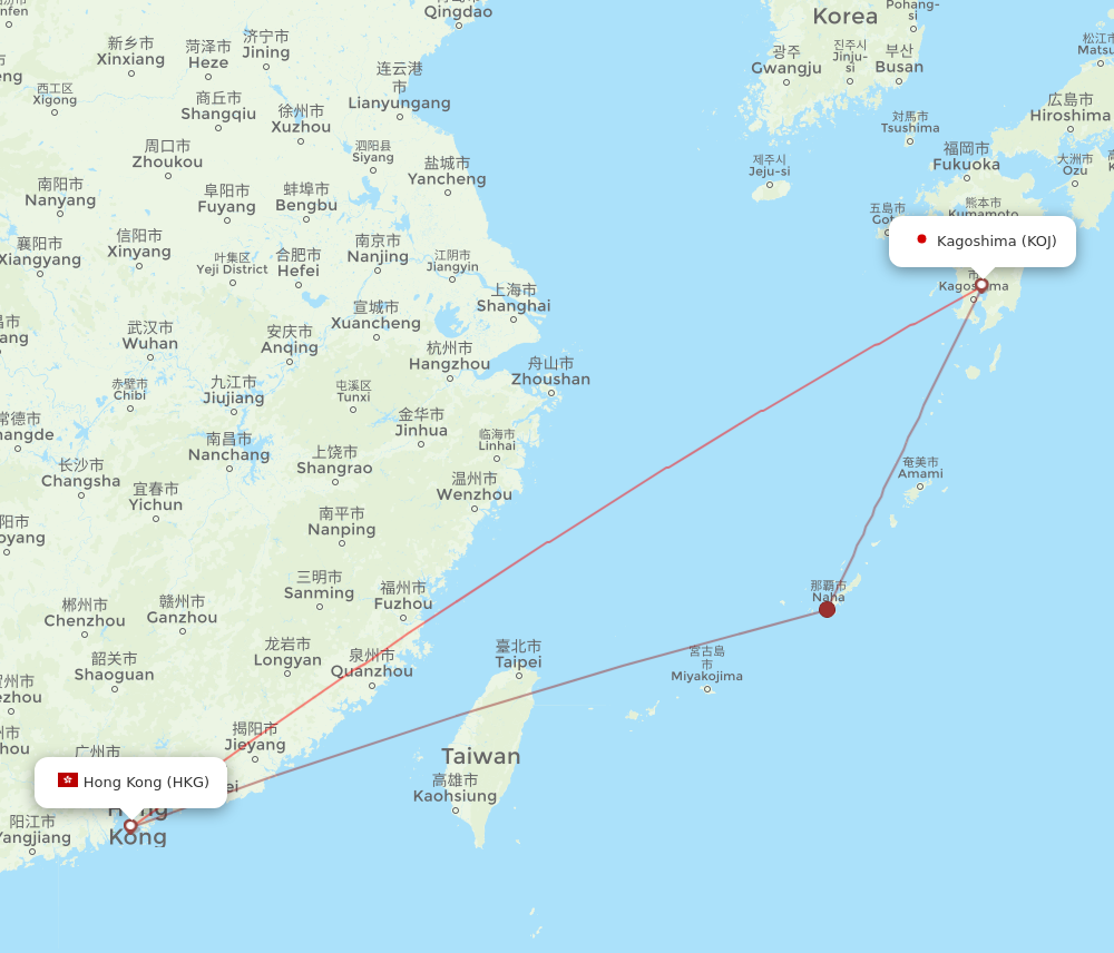 HKG to KOJ flights and routes map