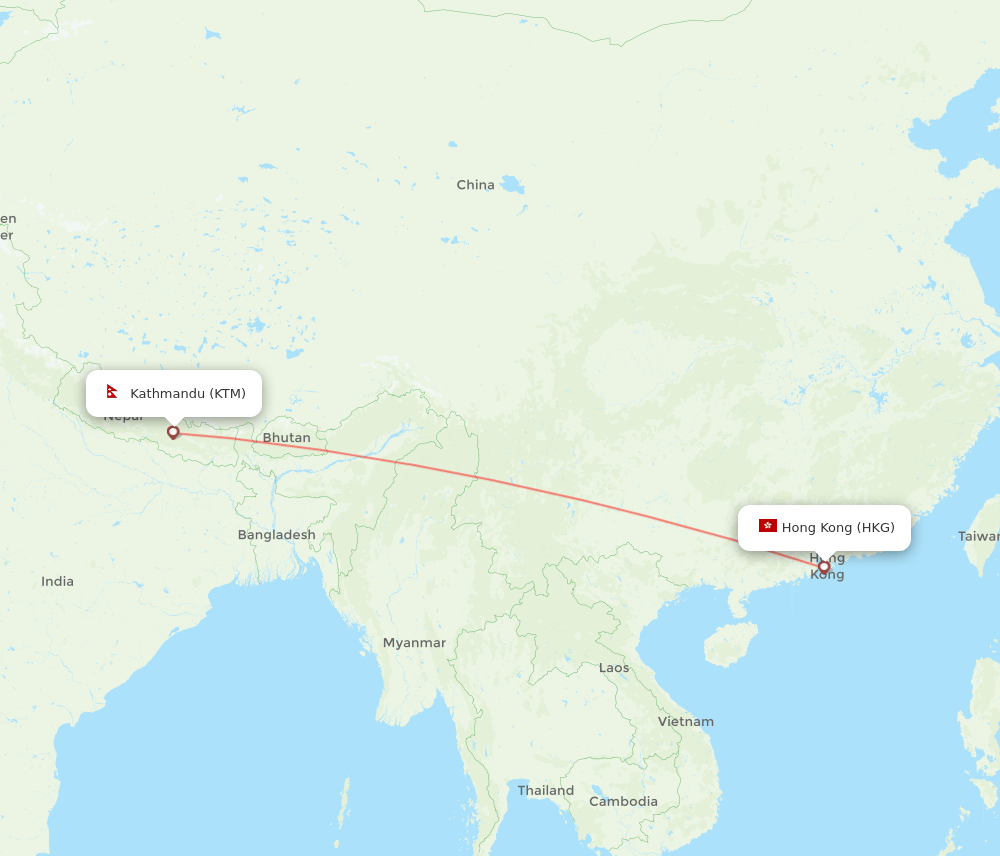 Hong Kong - Kathmandu route map and flight paths
