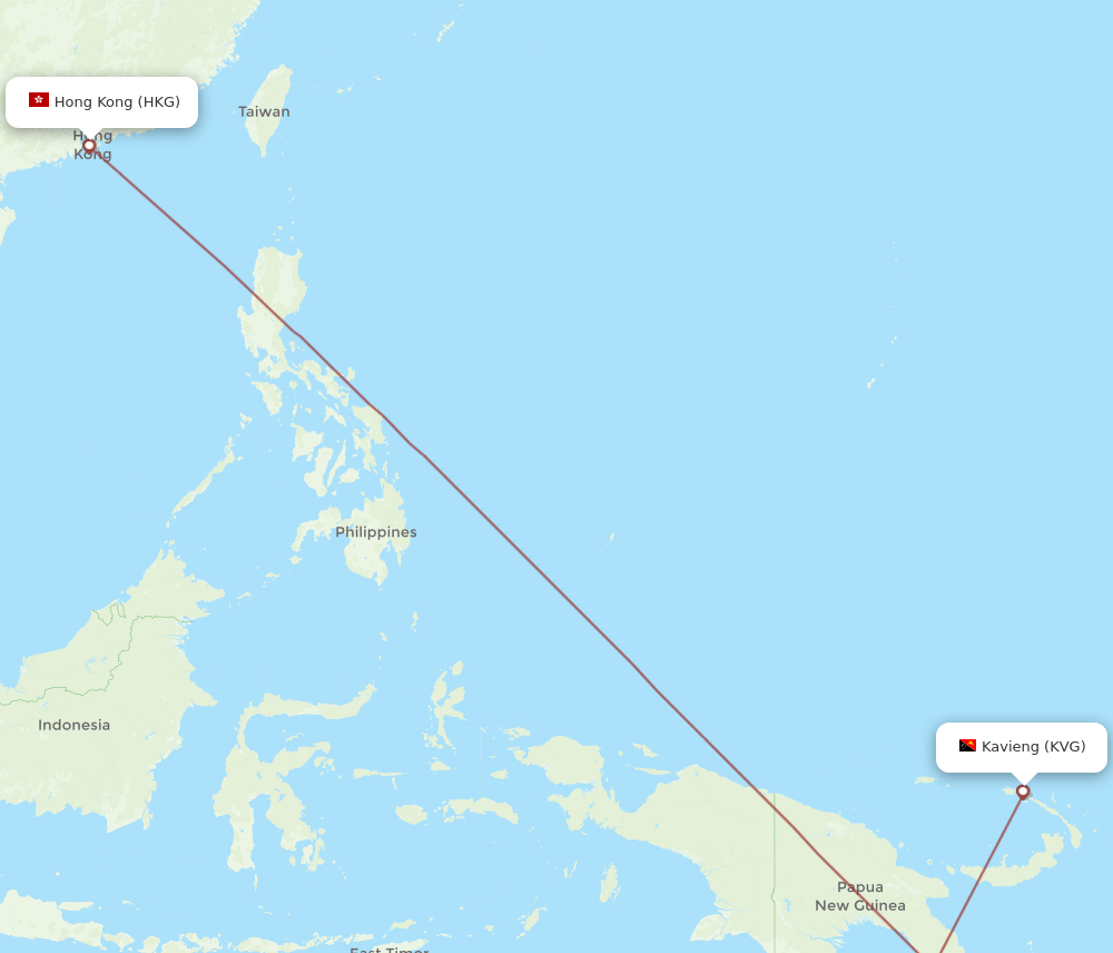 Kavieng - Hong Kong route map and flight paths