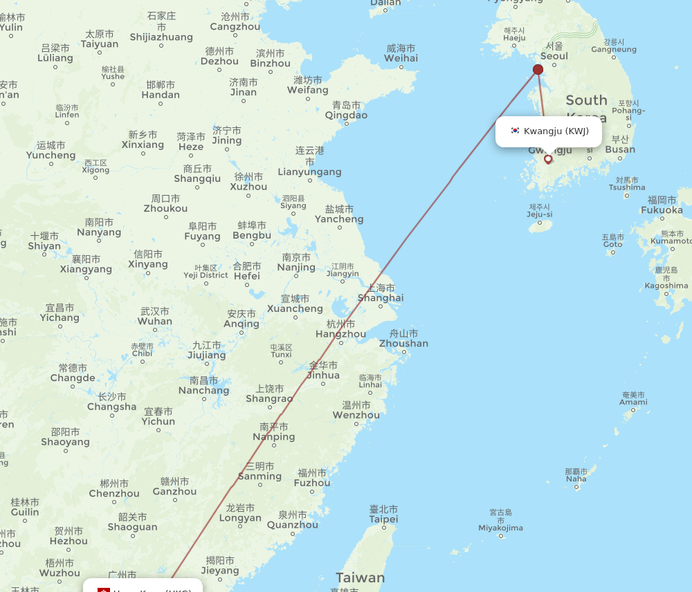 HKG to KWJ flights and routes map