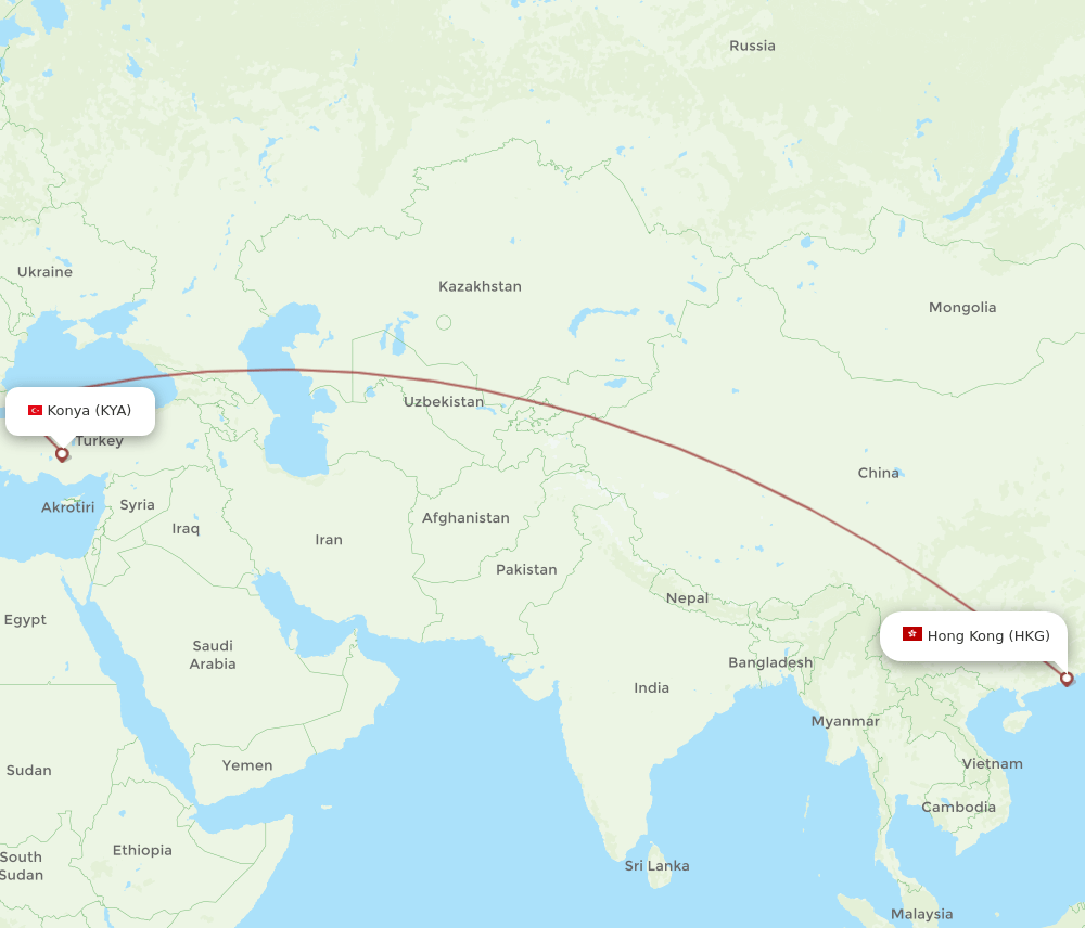 HKG to KYA flights and routes map