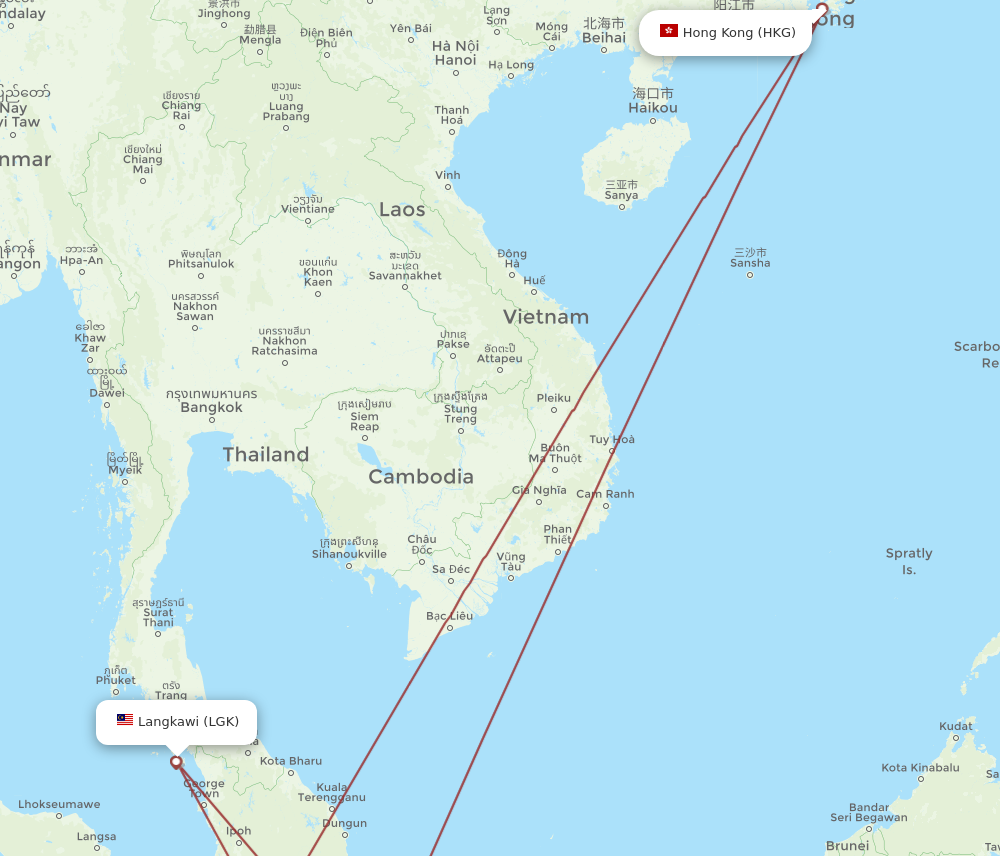 HKG to LGK flights and routes map