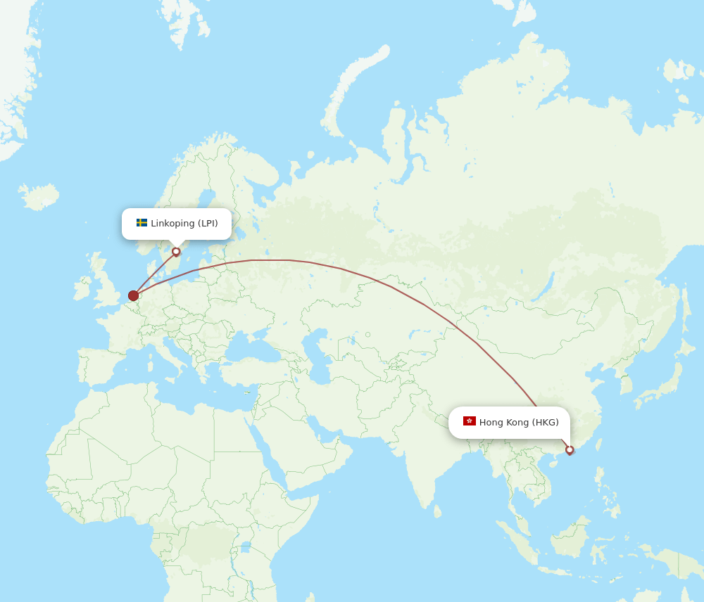 Hong Kong - Linkoping route map and flight paths