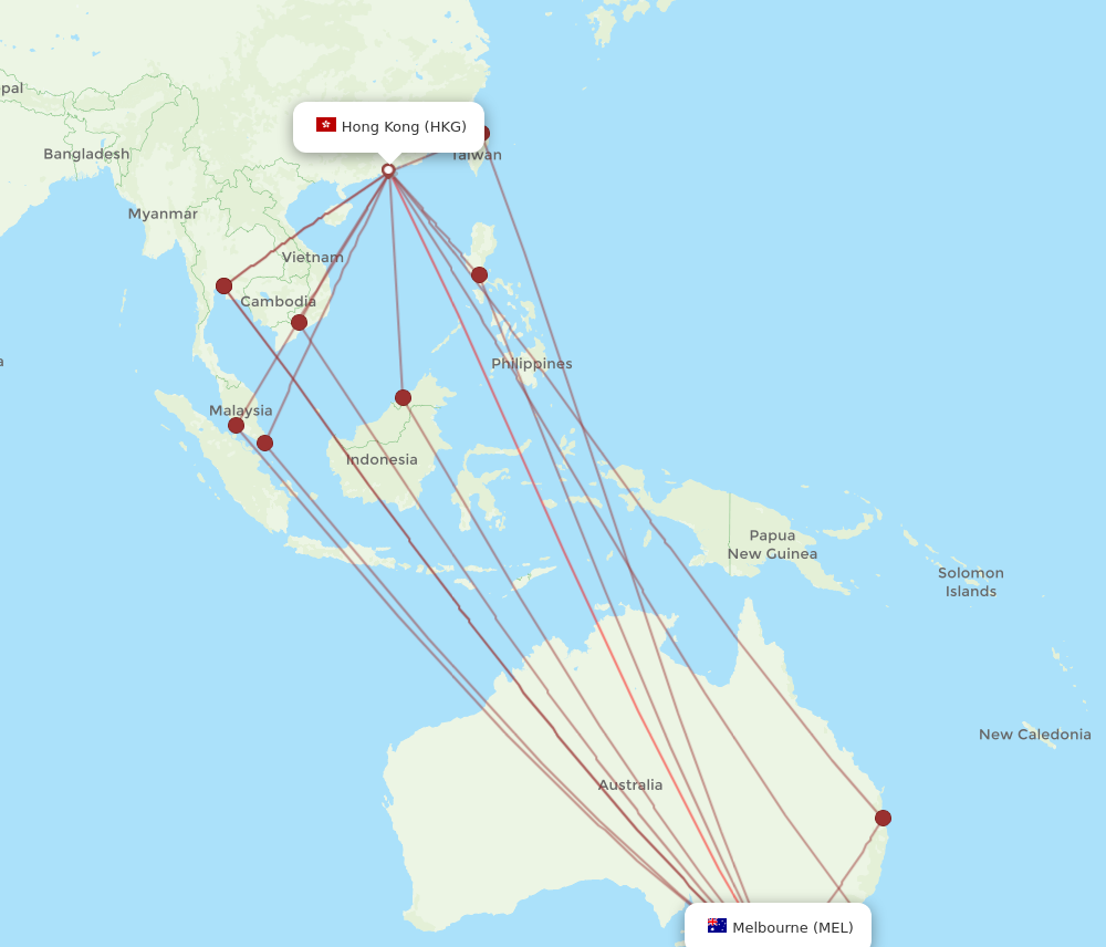 HKG to MEL flights and routes map