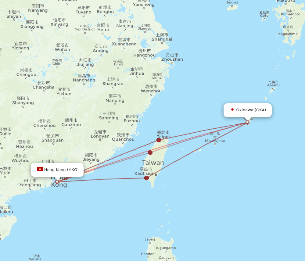 HKG to OKA flights and routes map