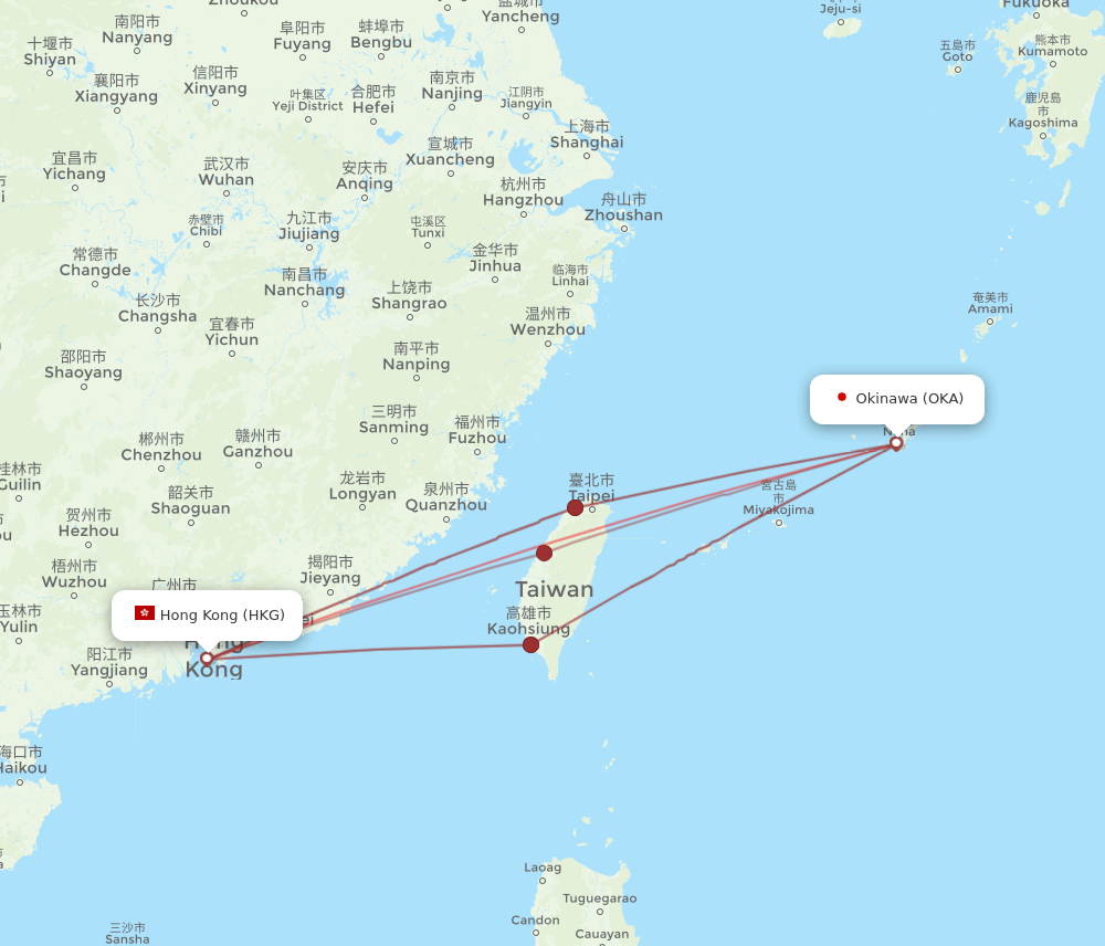 HKG to OKA flights and routes map