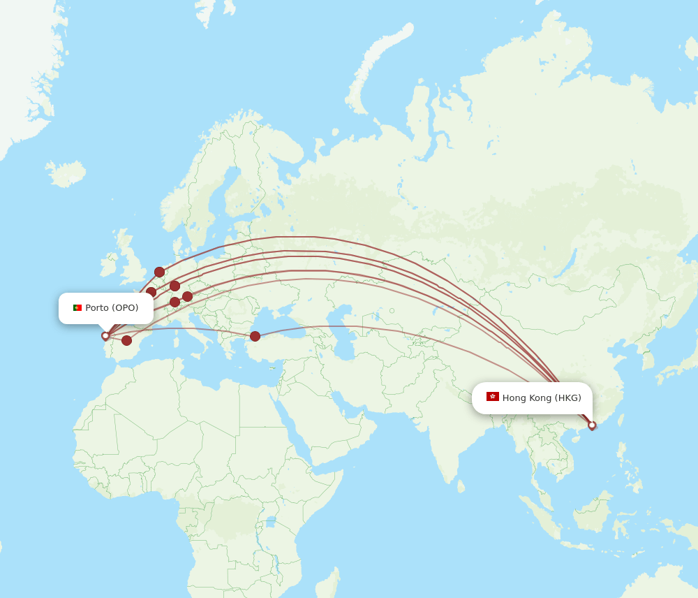 HKG to OPO flights and routes map