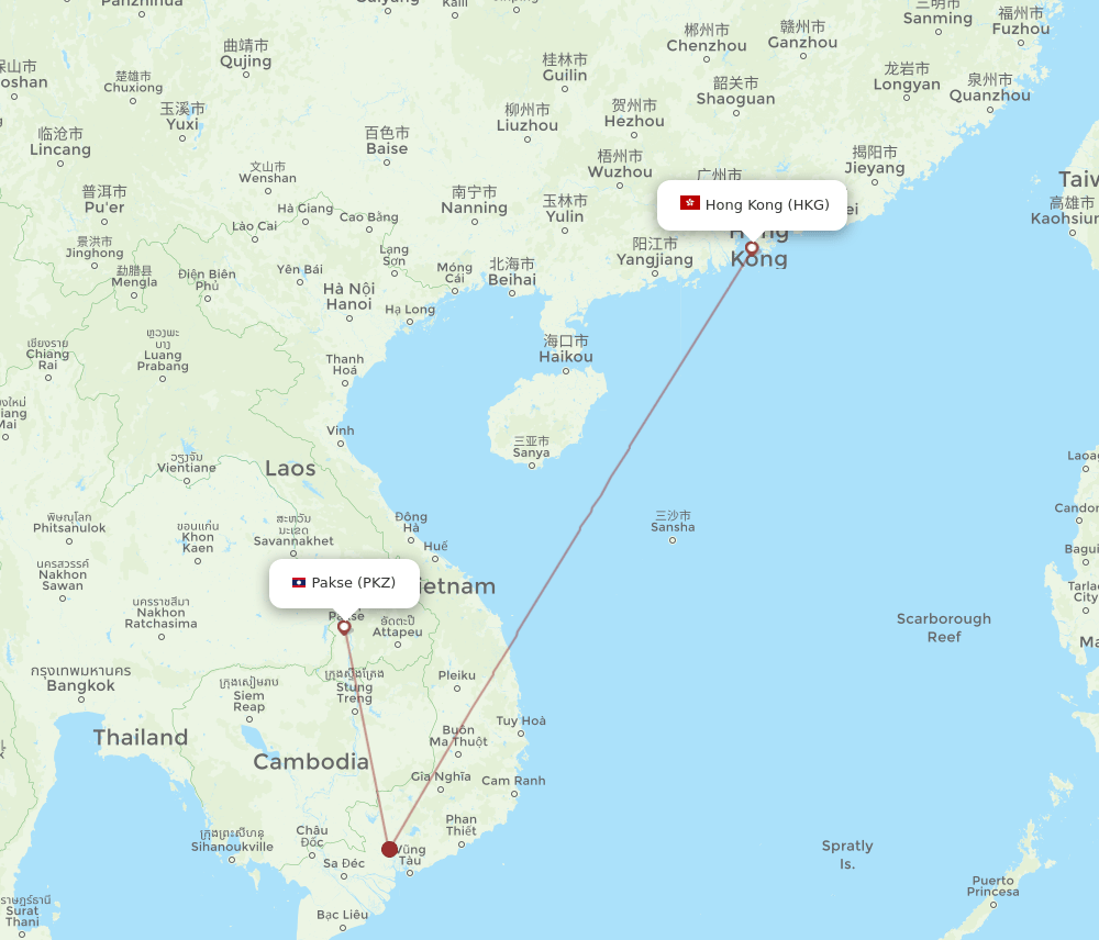 Pakse - Hong Kong route map and flight paths