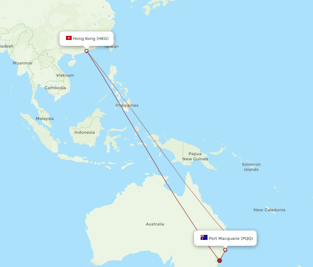 HKG to PQQ flights and routes map