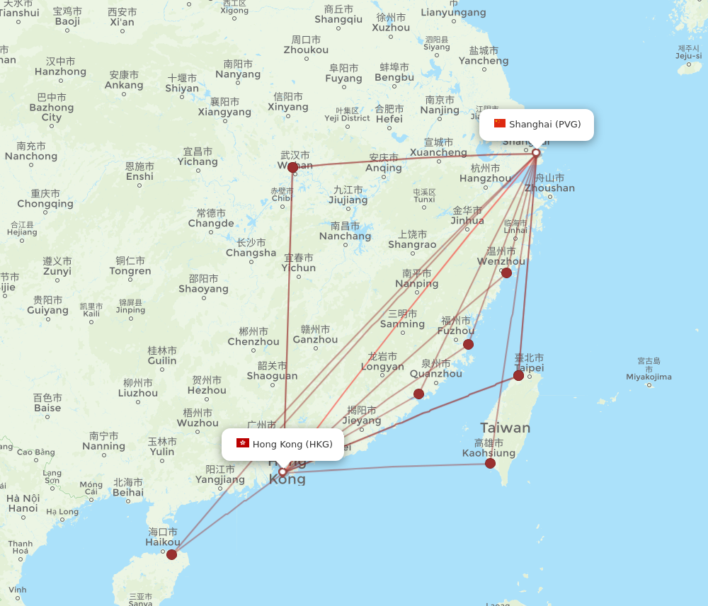 HKG to PVG flights and routes map