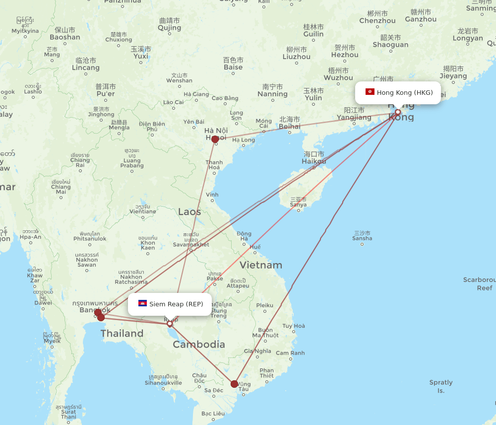 Hong Kong - Siem Reap route map and flight paths
