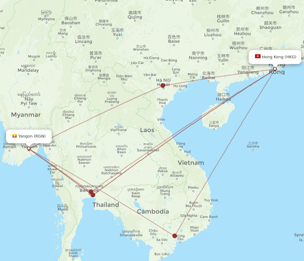 HKG to RGN flights and routes map