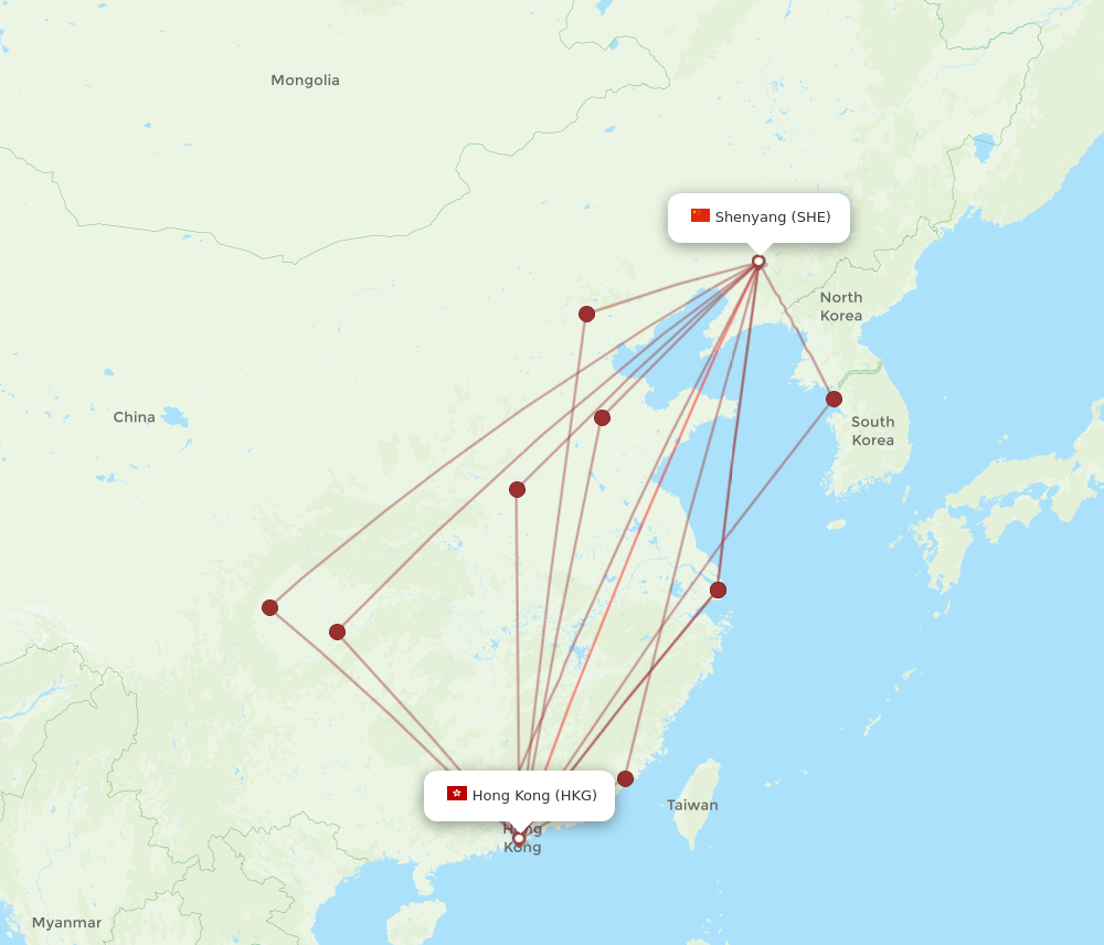 HKG to SHE flights and routes map