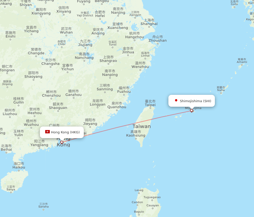 Hong Kong - Miyakojima route map and flight paths