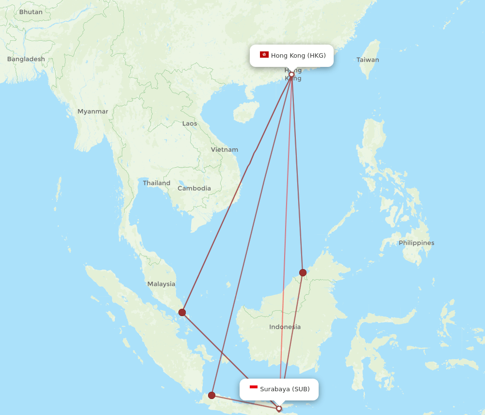 HKG to SUB flights and routes map