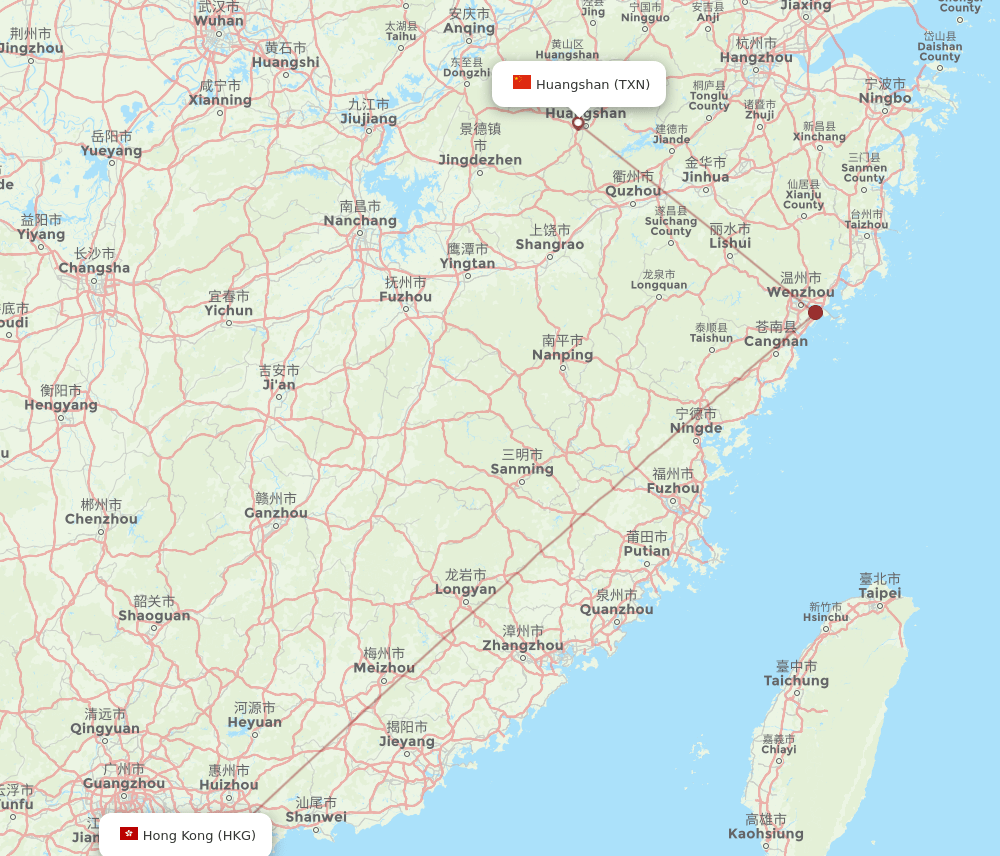 Hong Kong - Tunxi route map and flight paths