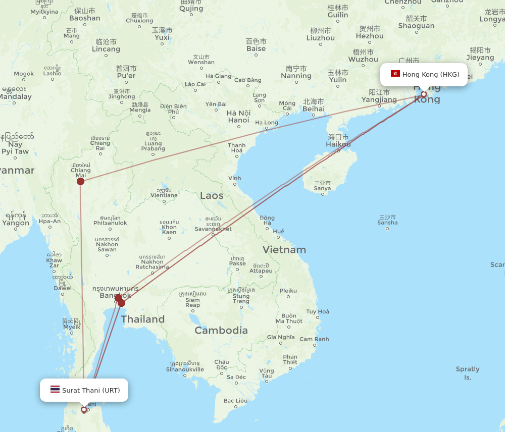 HKG to URT flights and routes map
