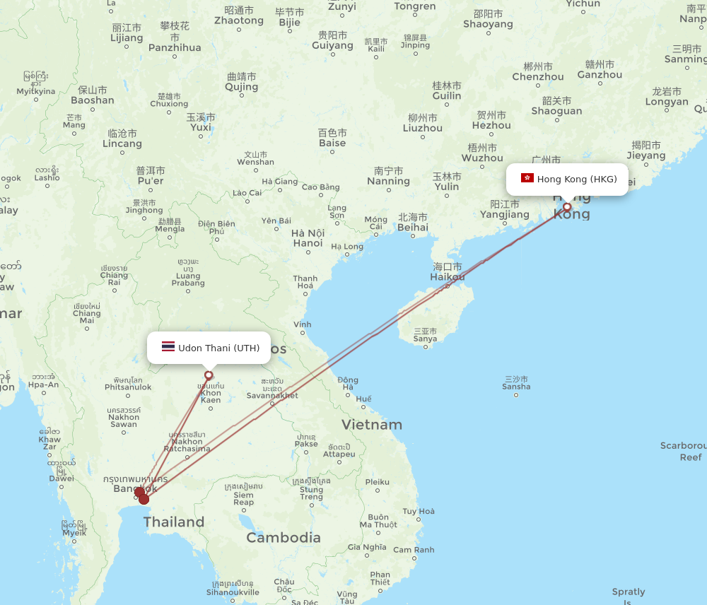 Hong Kong - Udon Thani route map and flight paths