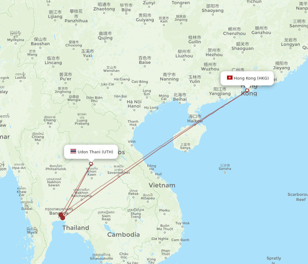 HKG to UTH flights and routes map