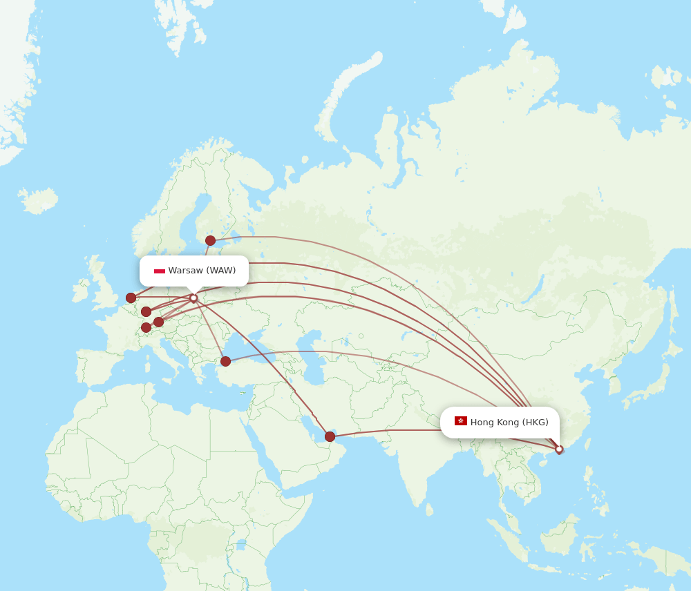HKG to WAW flights and routes map