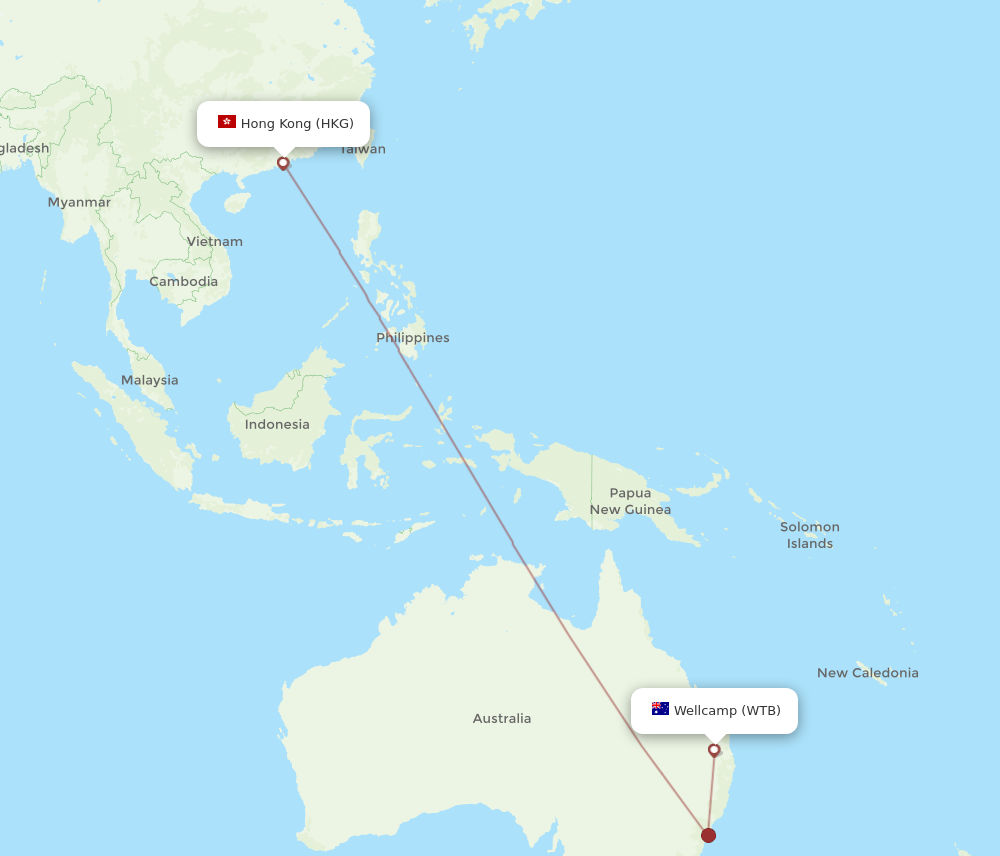 HKG to WTB flights and routes map