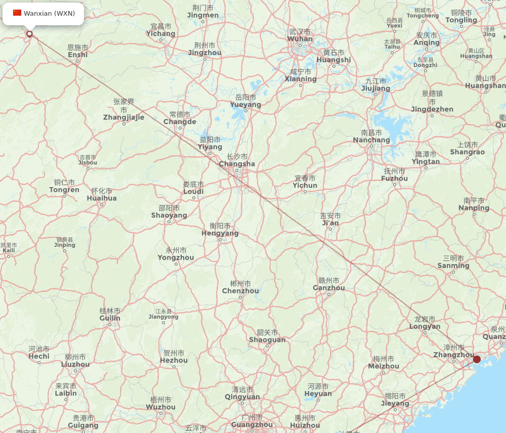 HKG to WXN flights and routes map