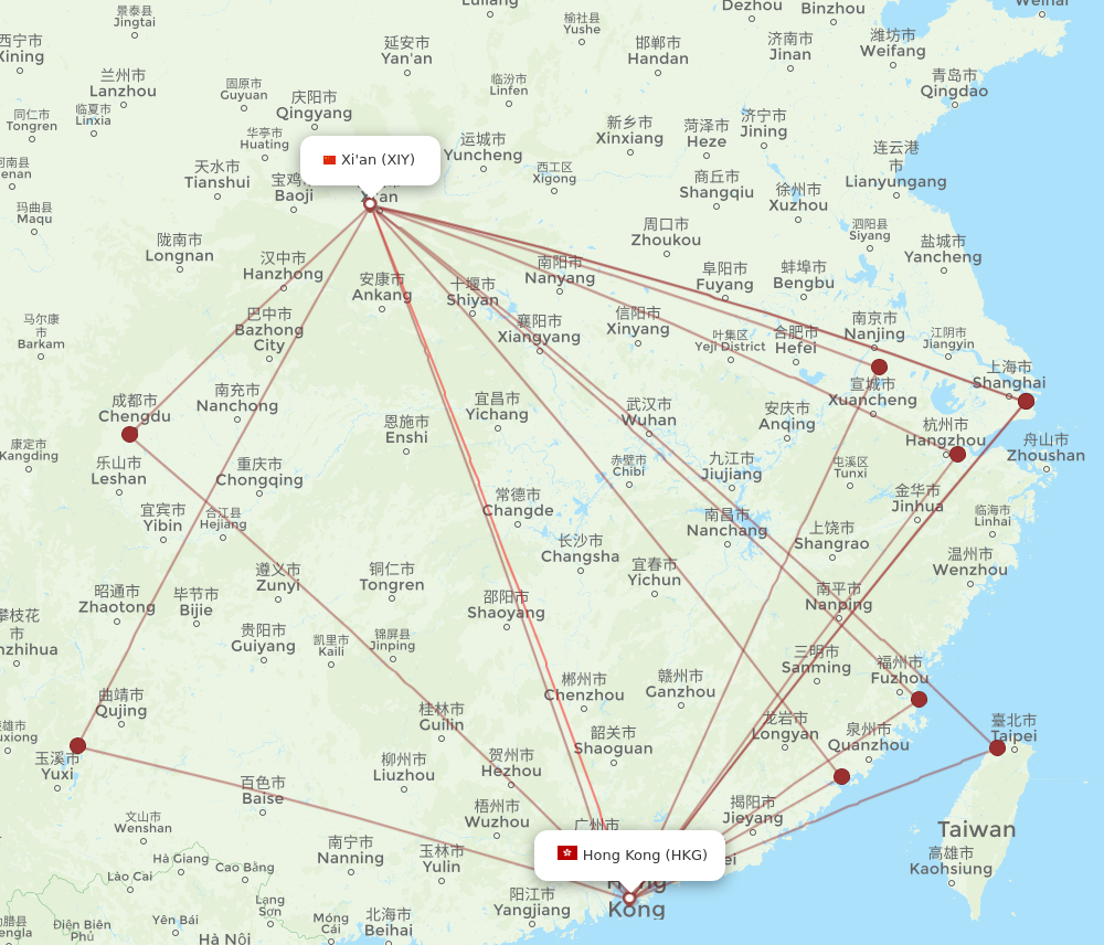 HKG to XIY flights and routes map