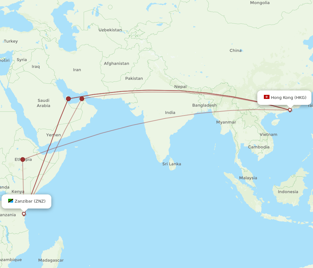 ZNZ to HKG flights and routes map