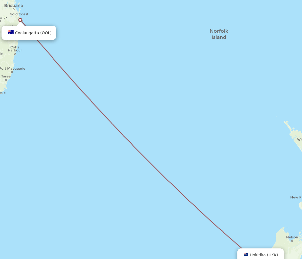 HKK to OOL flights and routes map