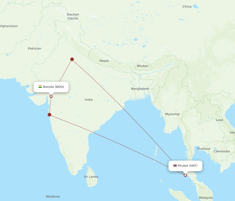 Vadodara - Phuket route map and flight paths