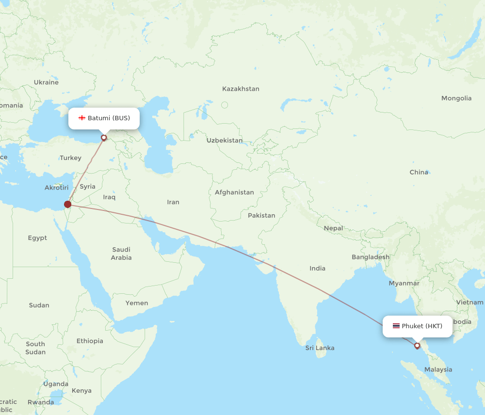 Batumi - Phuket route map and flight paths