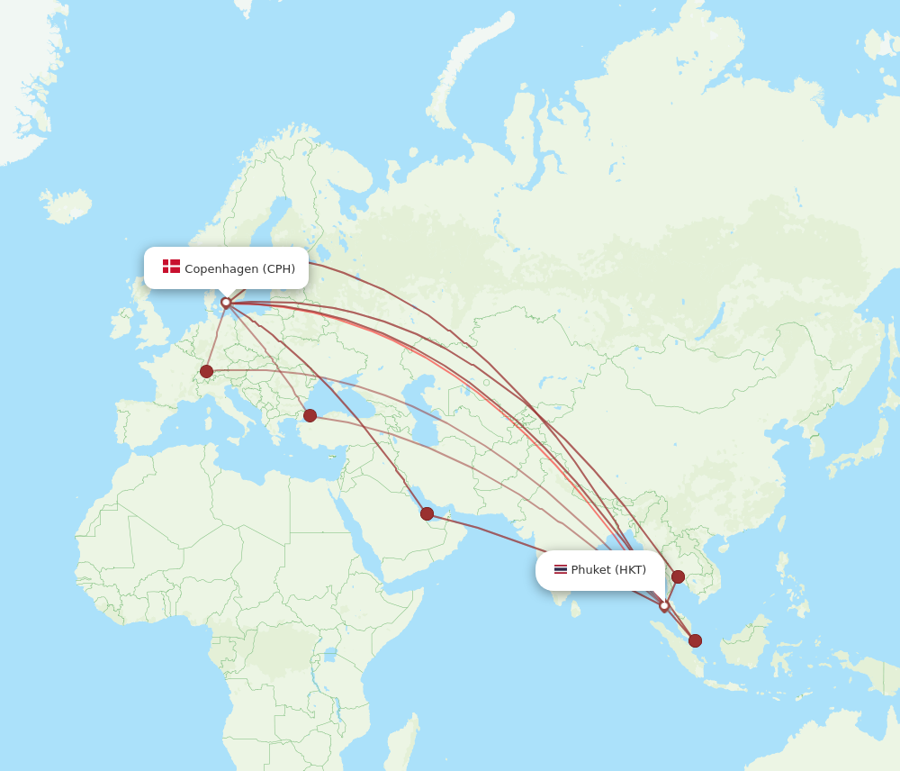 HKT to CPH flights and routes map