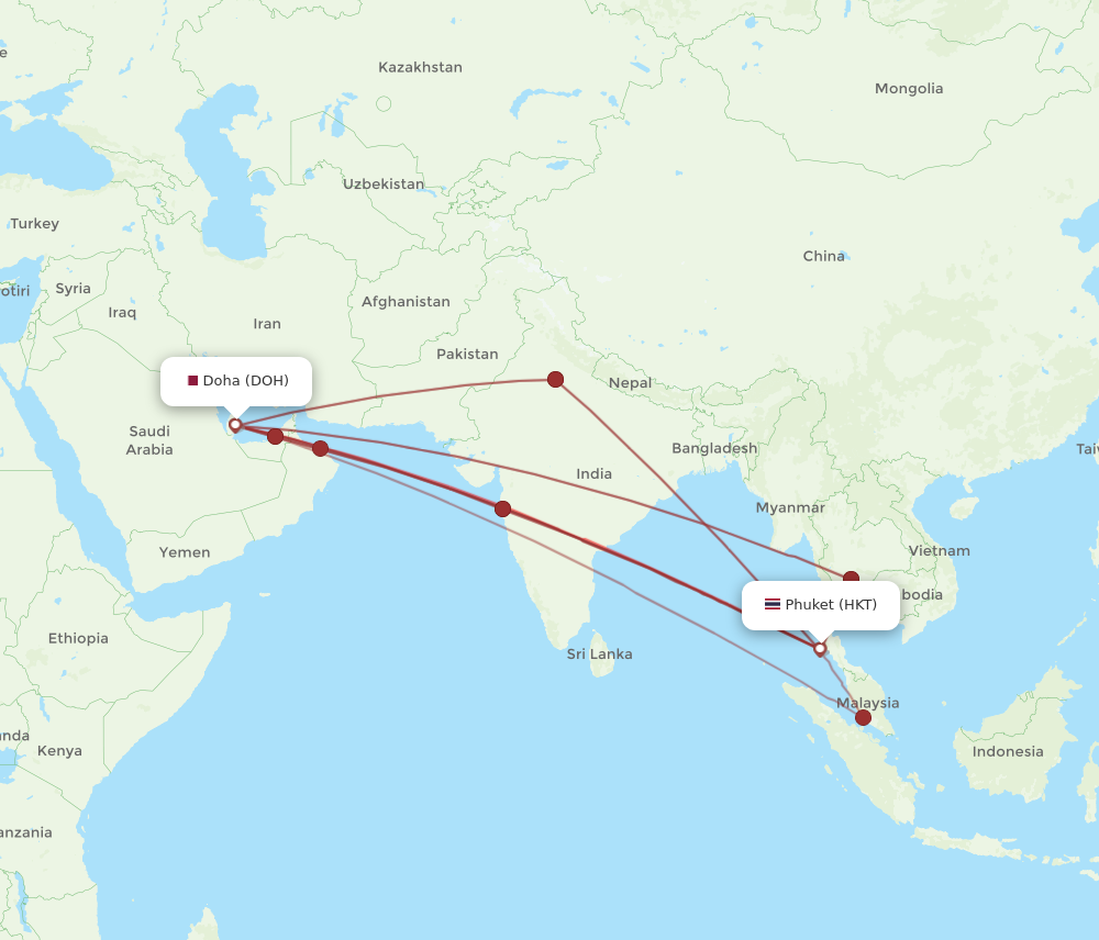 HKT to DOH flights and routes map