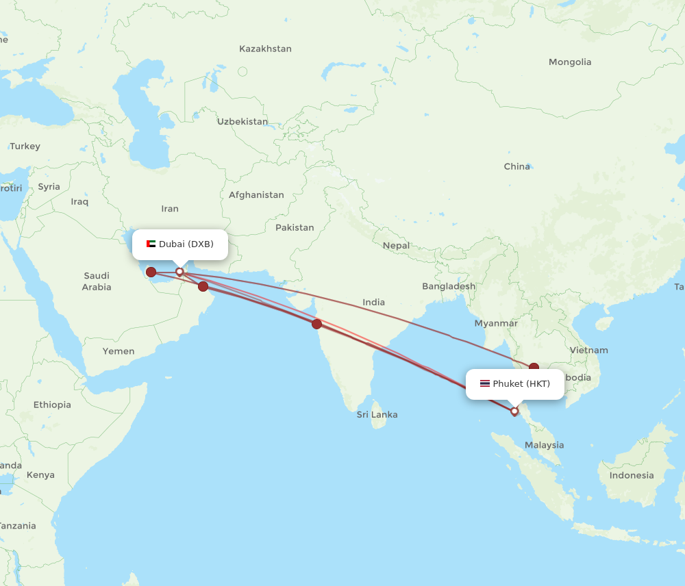 HKT to DXB flights and routes map