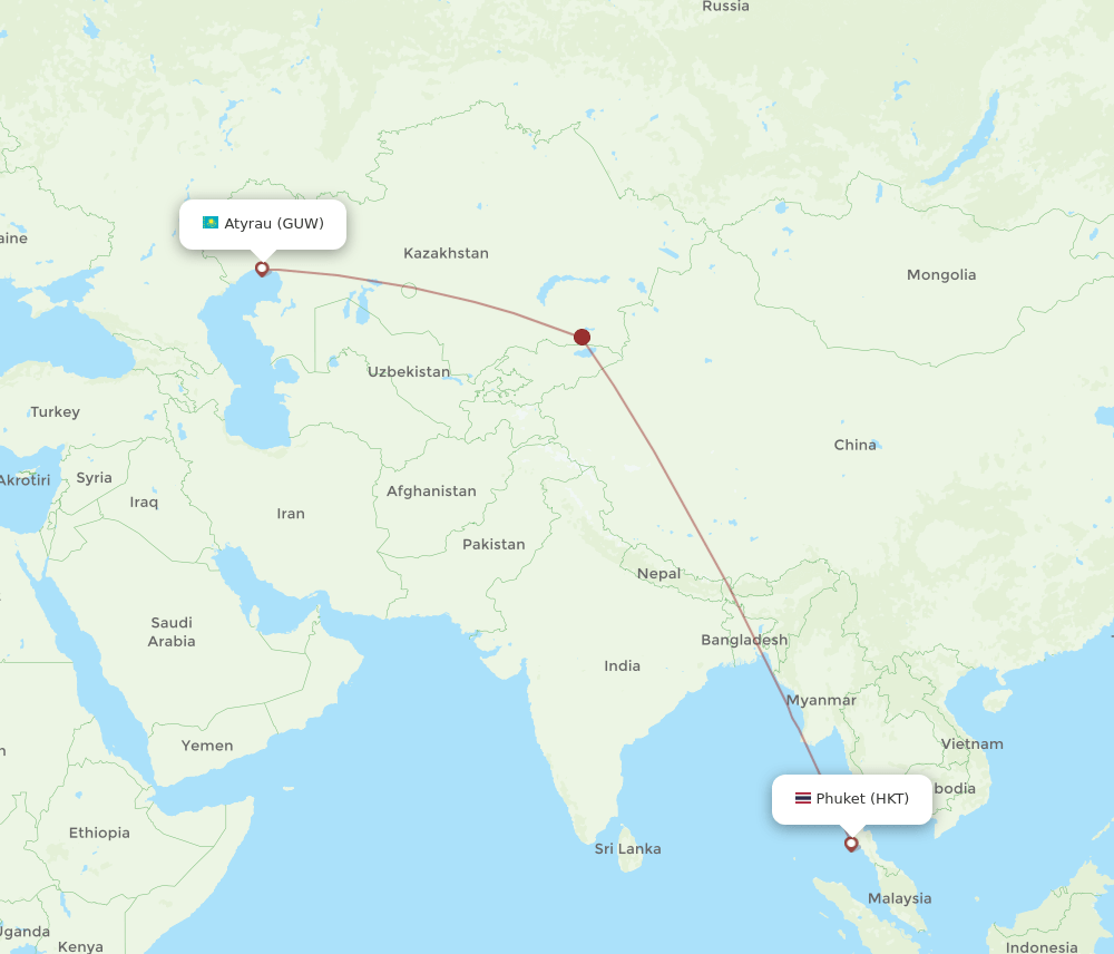 Atyrau - Phuket route map and flight paths