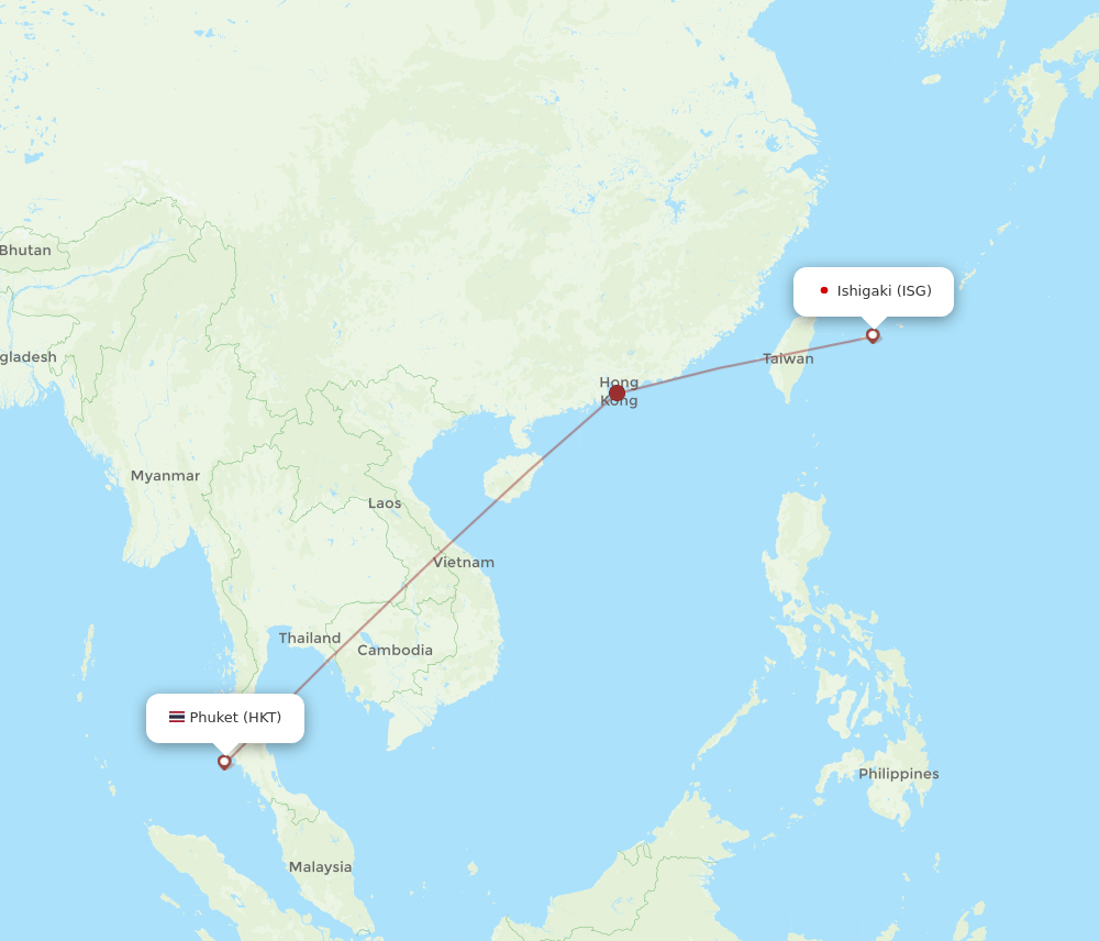 Ishigaki - Phuket route map and flight paths