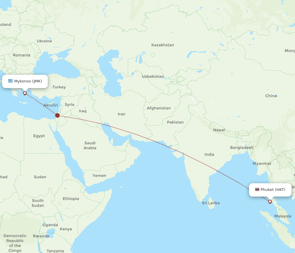 Mykonos - Phuket route map and flight paths
