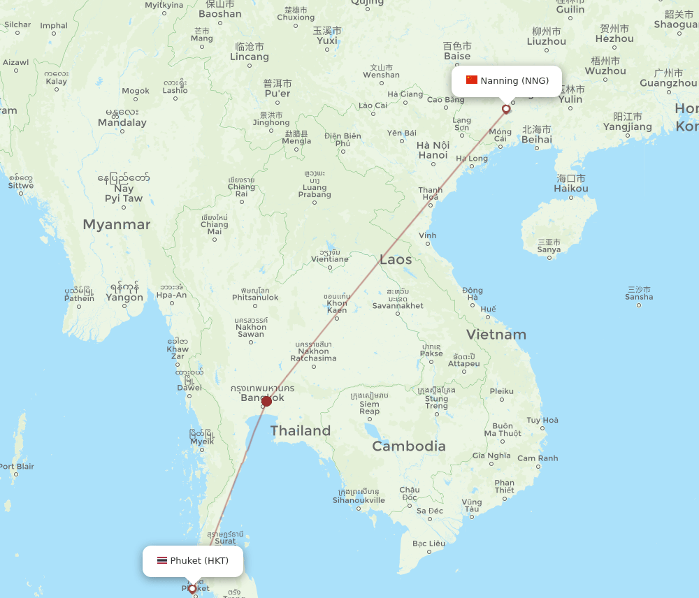 Nanning - Phuket route map and flight paths