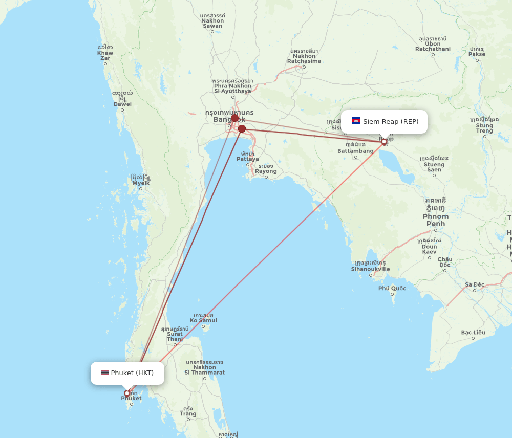 Phuket - Siem Reap route map and flight paths