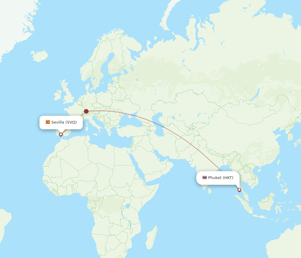Sevilla - Phuket route map and flight paths