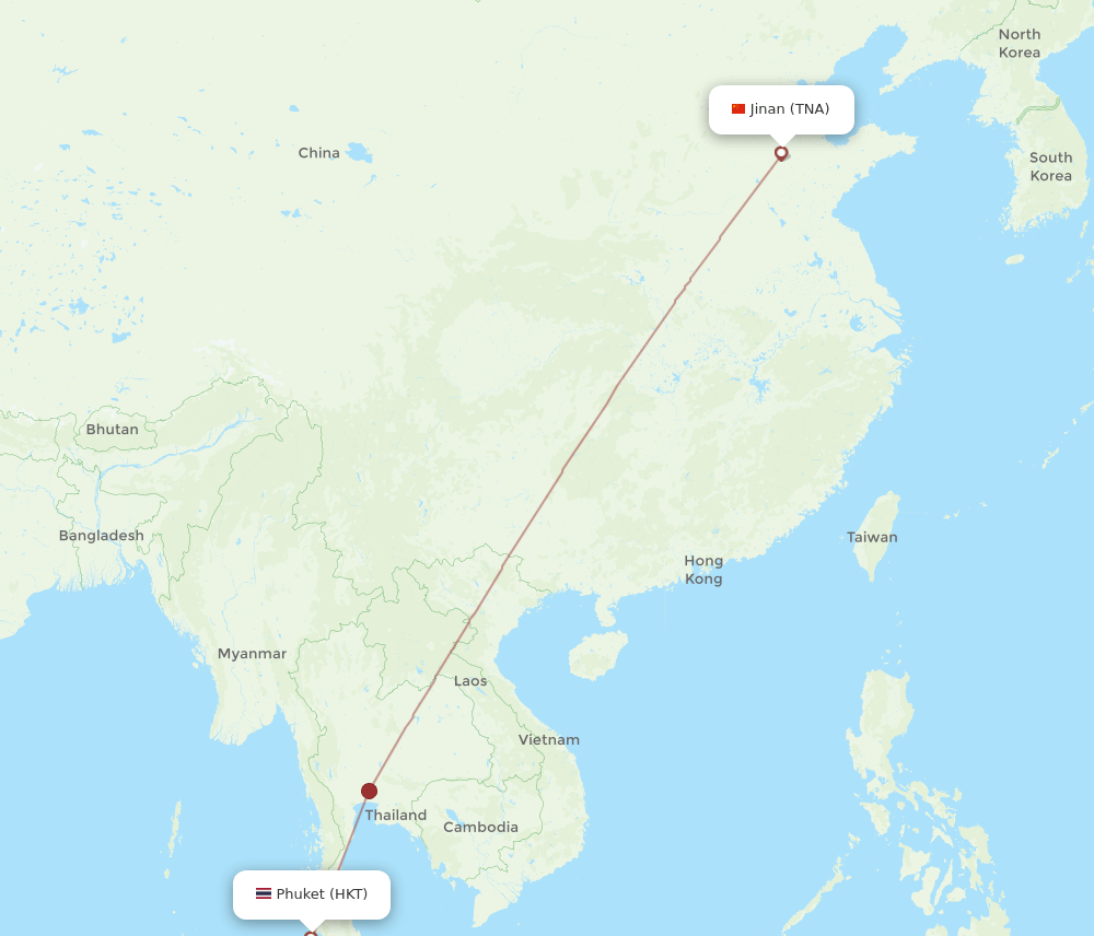 Jinan - Phuket route map and flight paths