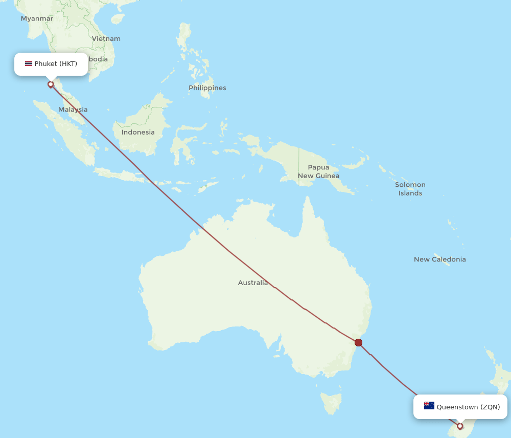 Queenstown - Phuket route map and flight paths