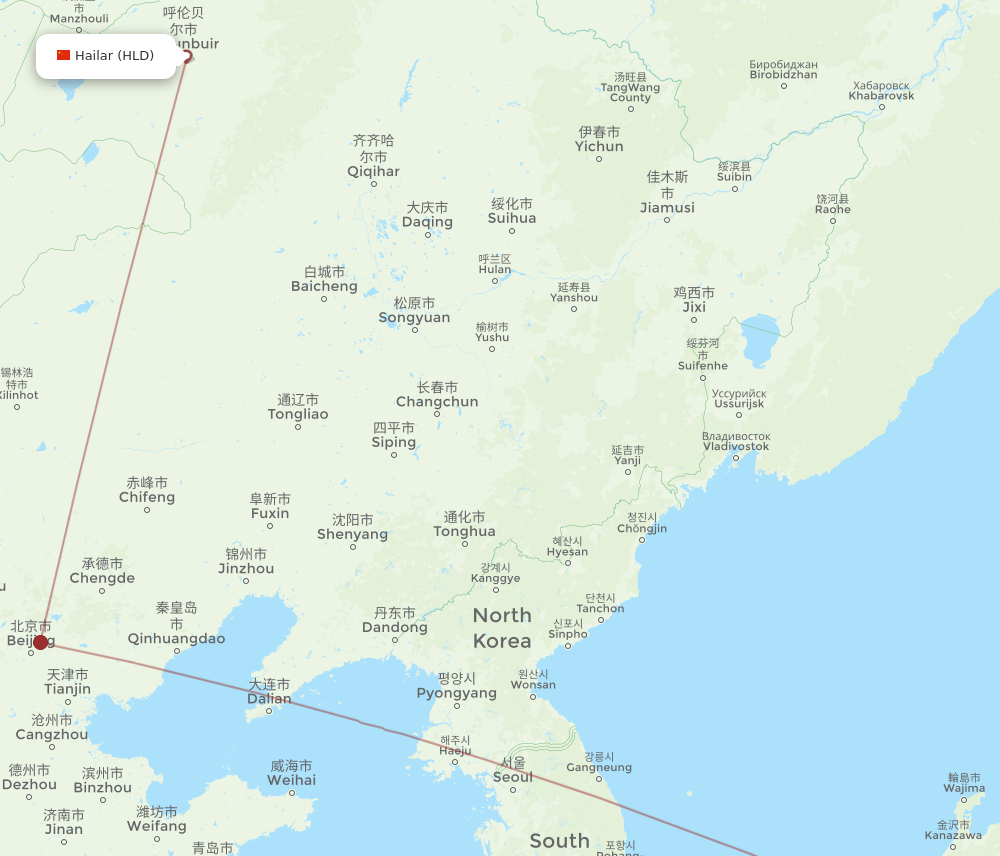 Nagoya - Hailar route map and flight paths