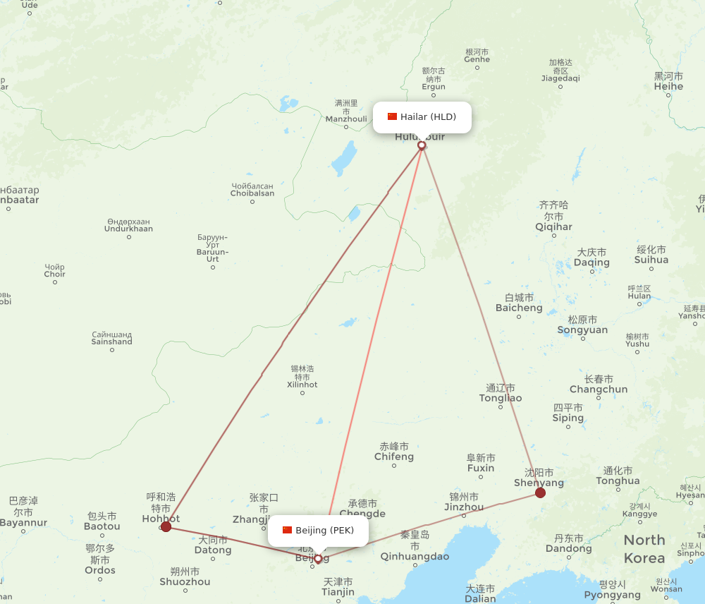 HLD to PEK flights and routes map