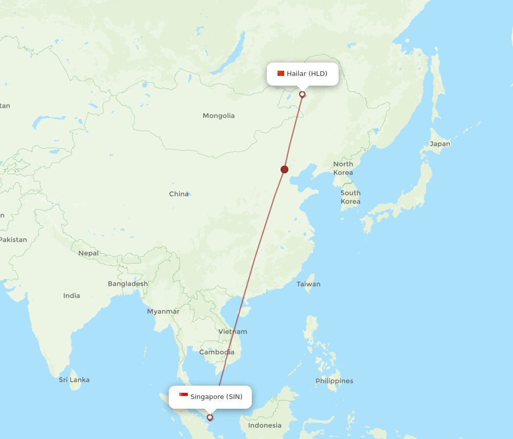 Singapore - Hailar route map and flight paths