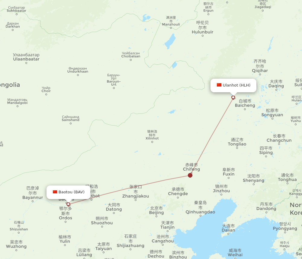 Baotou - Ulanhot route map and flight paths